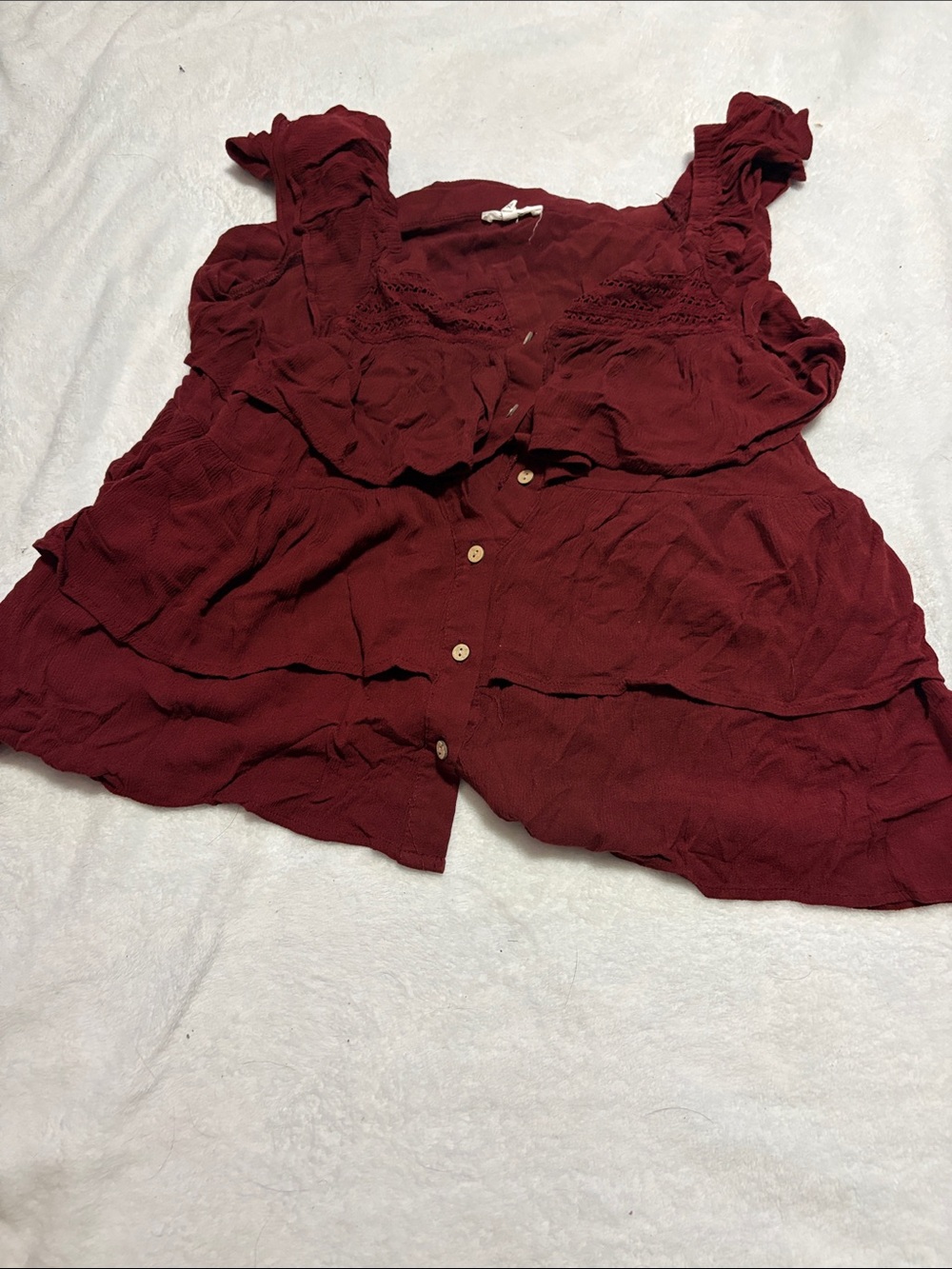 Maurices Ruffle-Trim Button Front Crop Top - Burgundy